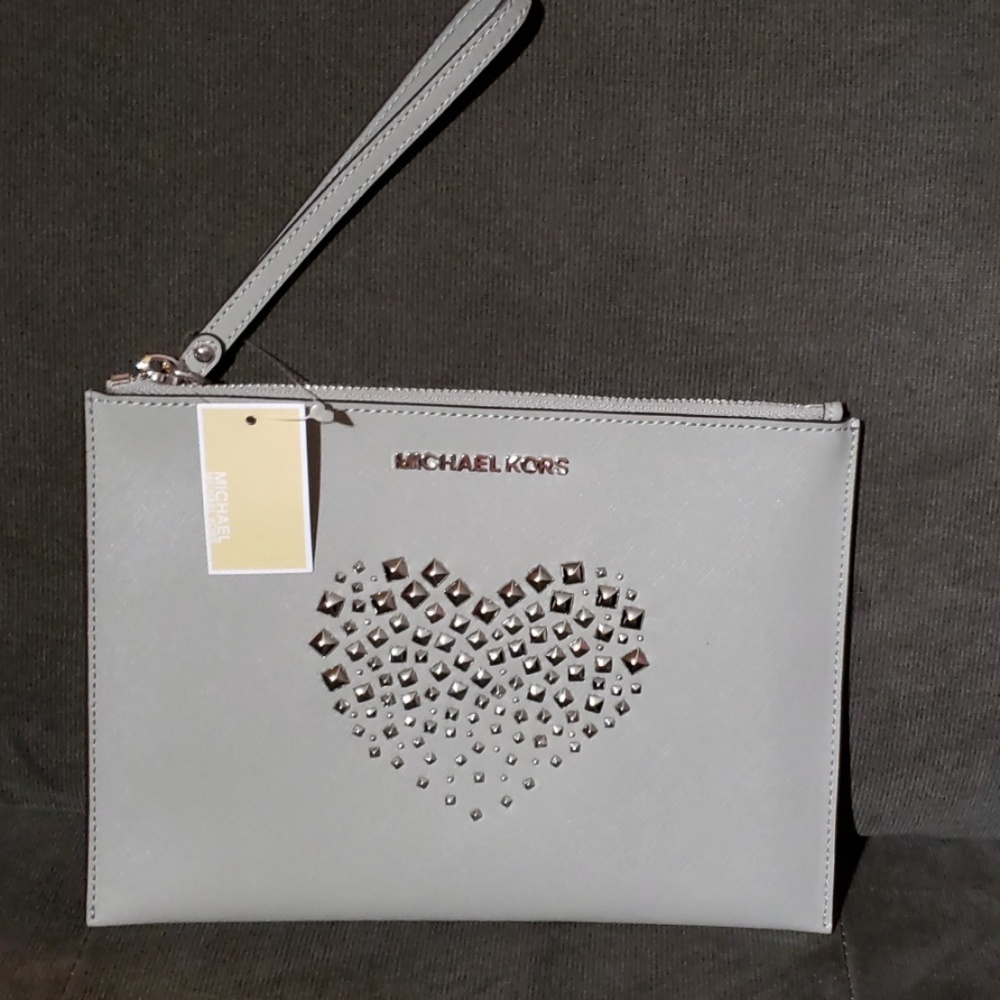 Michael Kors XL Zip Clutch Leather Ash Grey NEW